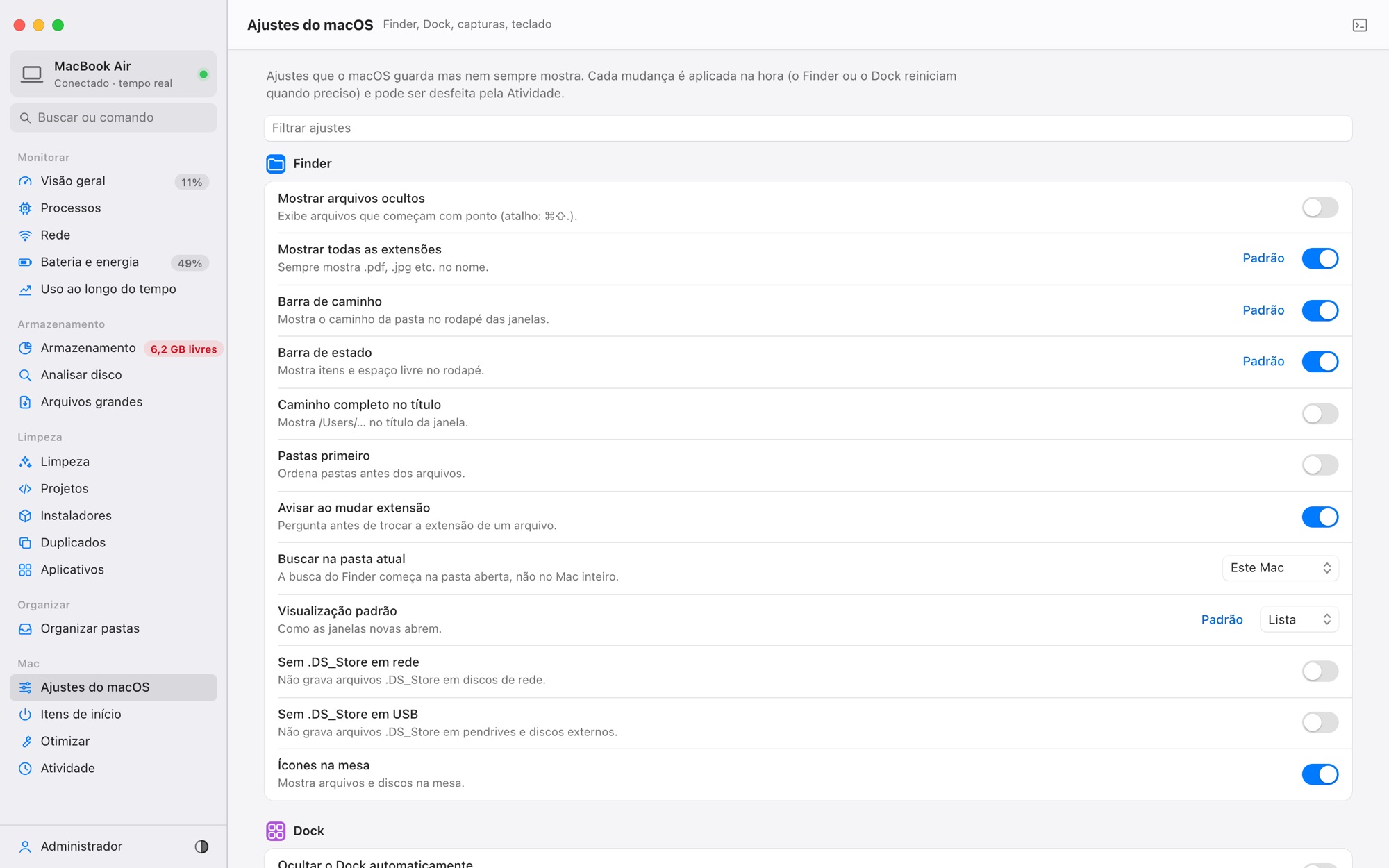Ajustes do macOS com chaves e menus